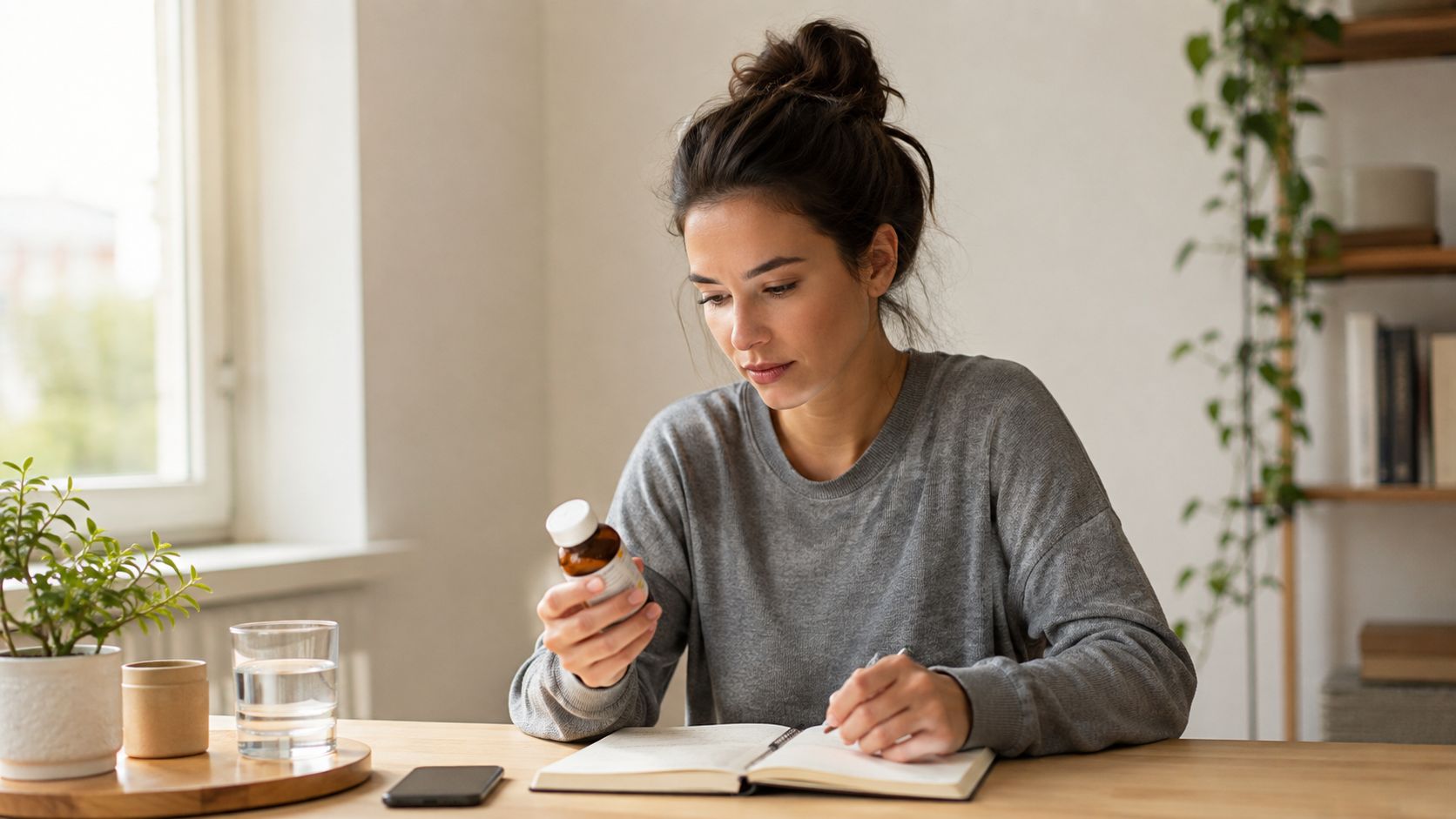 A woman writing in her notebook while holding a bottle of medication at a desk.