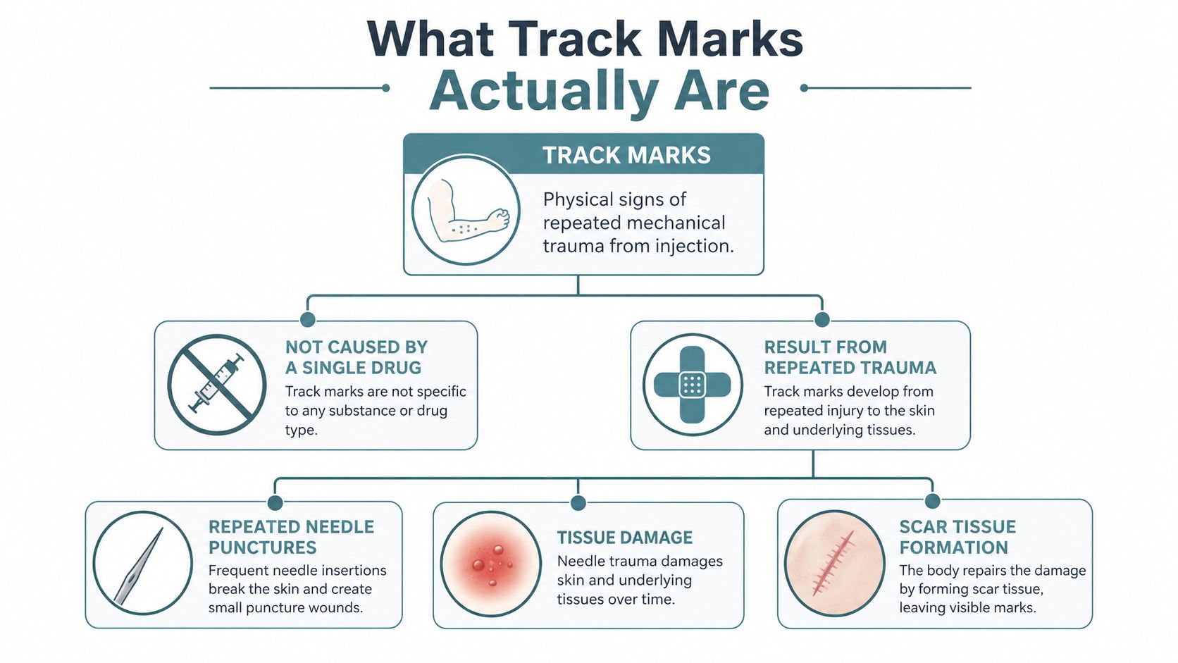 An infographic explaining that track marks are physical signs of repeated mechanical skin trauma from medical injections.