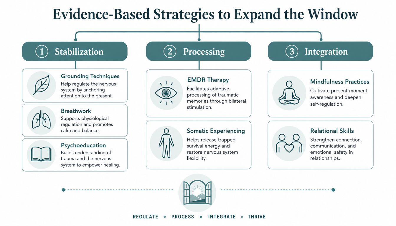 A diagram outlining evidence-based strategies for trauma recovery, including stabilization, processing, and integration techniques to expand the window of tolerance.