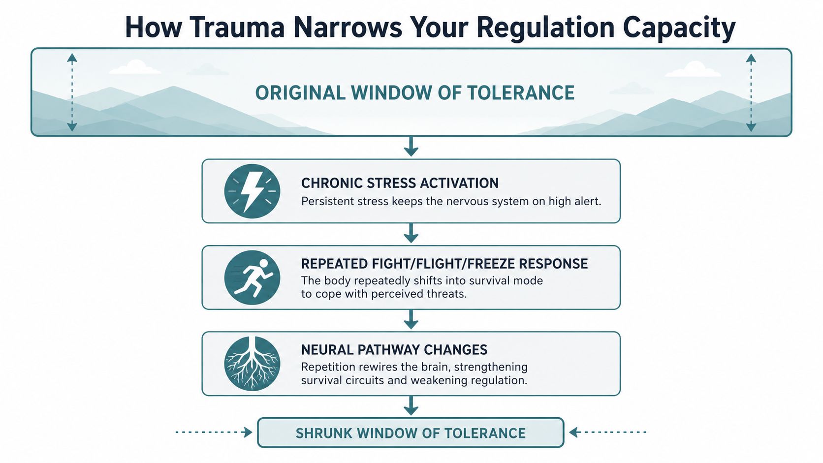 A flowchart explaining how chronic stress and trauma reduce a person's window of emotional tolerance.