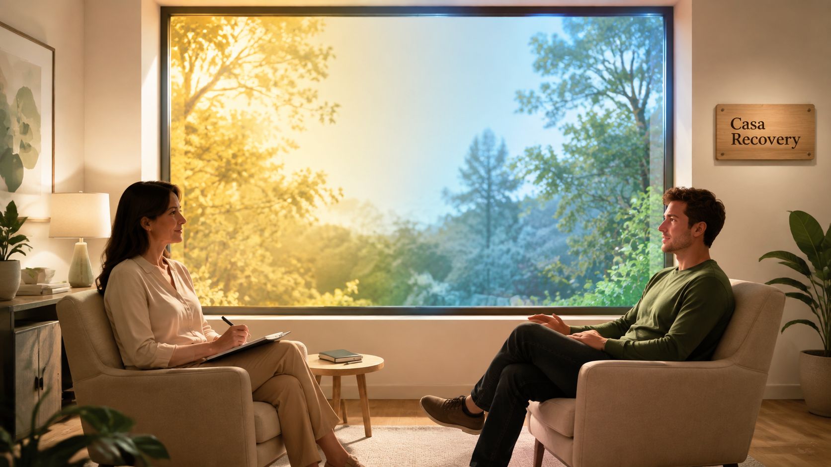 A professional therapist holds a session with a male client inside a peaceful, light-filled office.